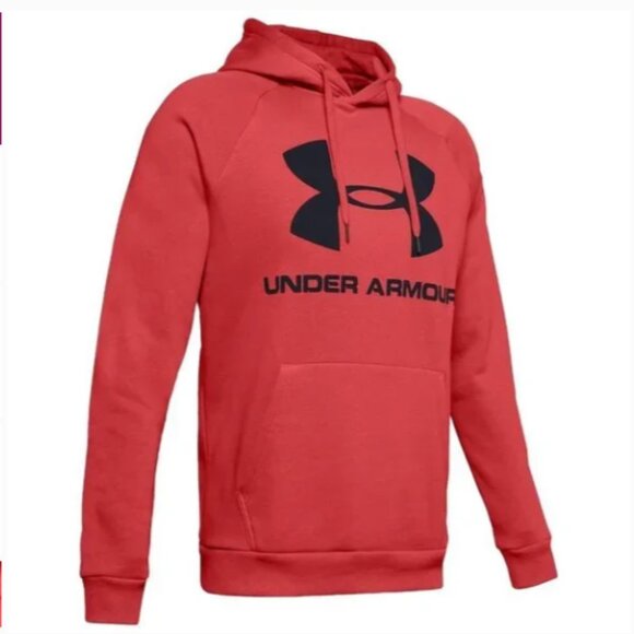Under Armour Coldgear Men's Fleece Rival Hoodie Sweatshirt Coral/Black NWT - Picture 1 of 5